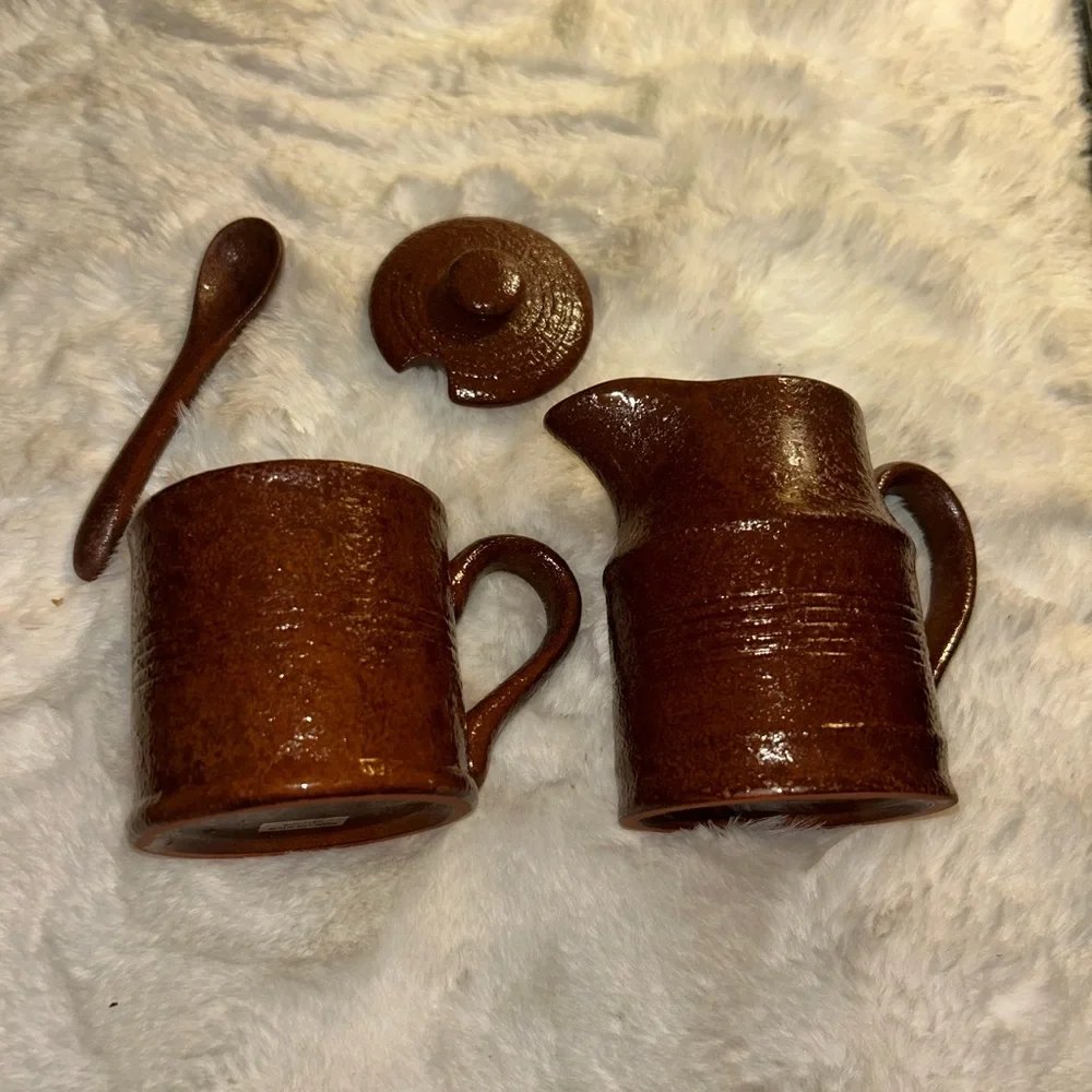 50%offw❤️ PRIMITIVE BROWNSTONE SUGAR AND CREAMER SET RAGON HOUSE vintage